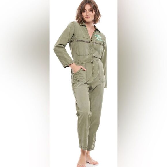 Sandrine Rose FP TRE'S COOL FRONT ZIPPER JUMPSUIT Size M Drab Green - Picture 2 of 7